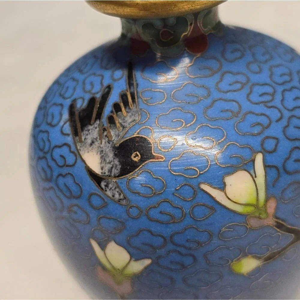 Cloisonne Cherry Blossom Flowers With Bird Blue Vintage Chinese Mini Vase